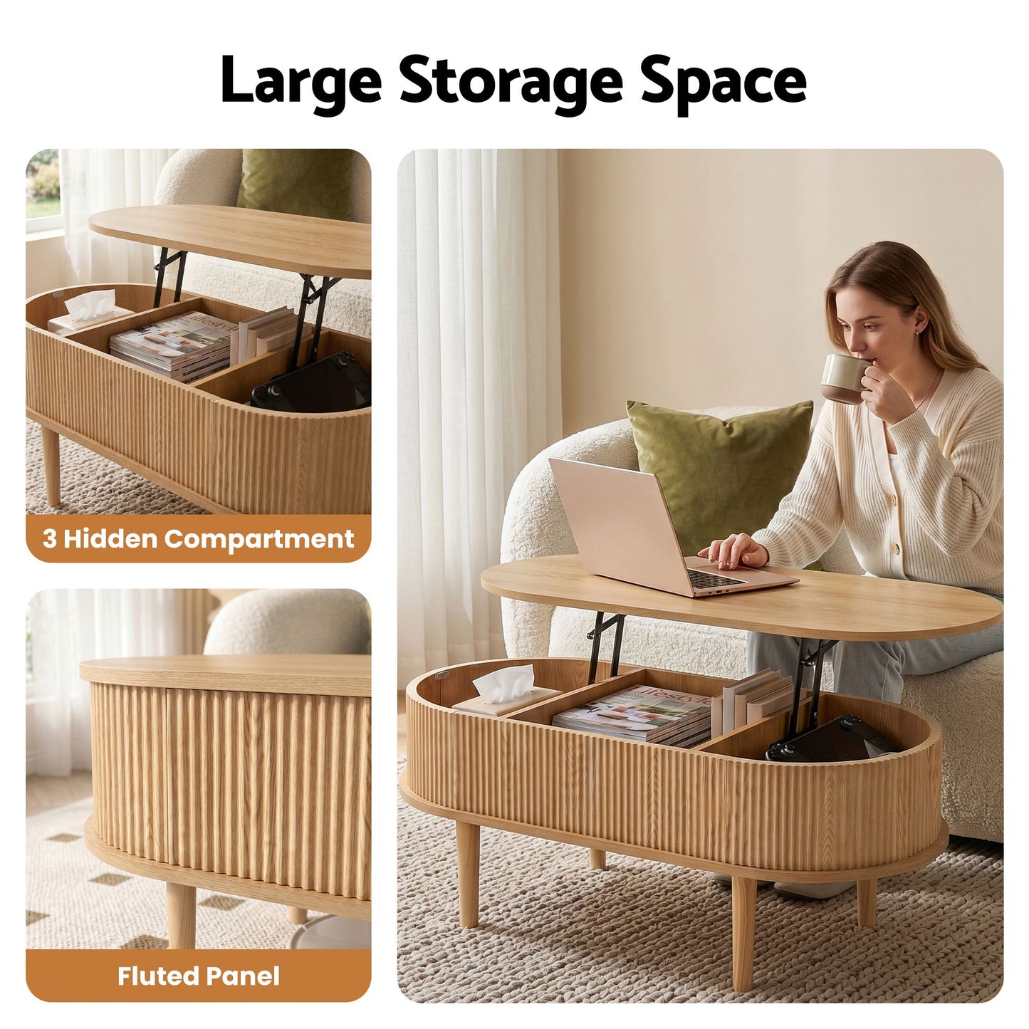 Artiss Lift-Top Fluted Oval Coffee Table with Storage - 100cm