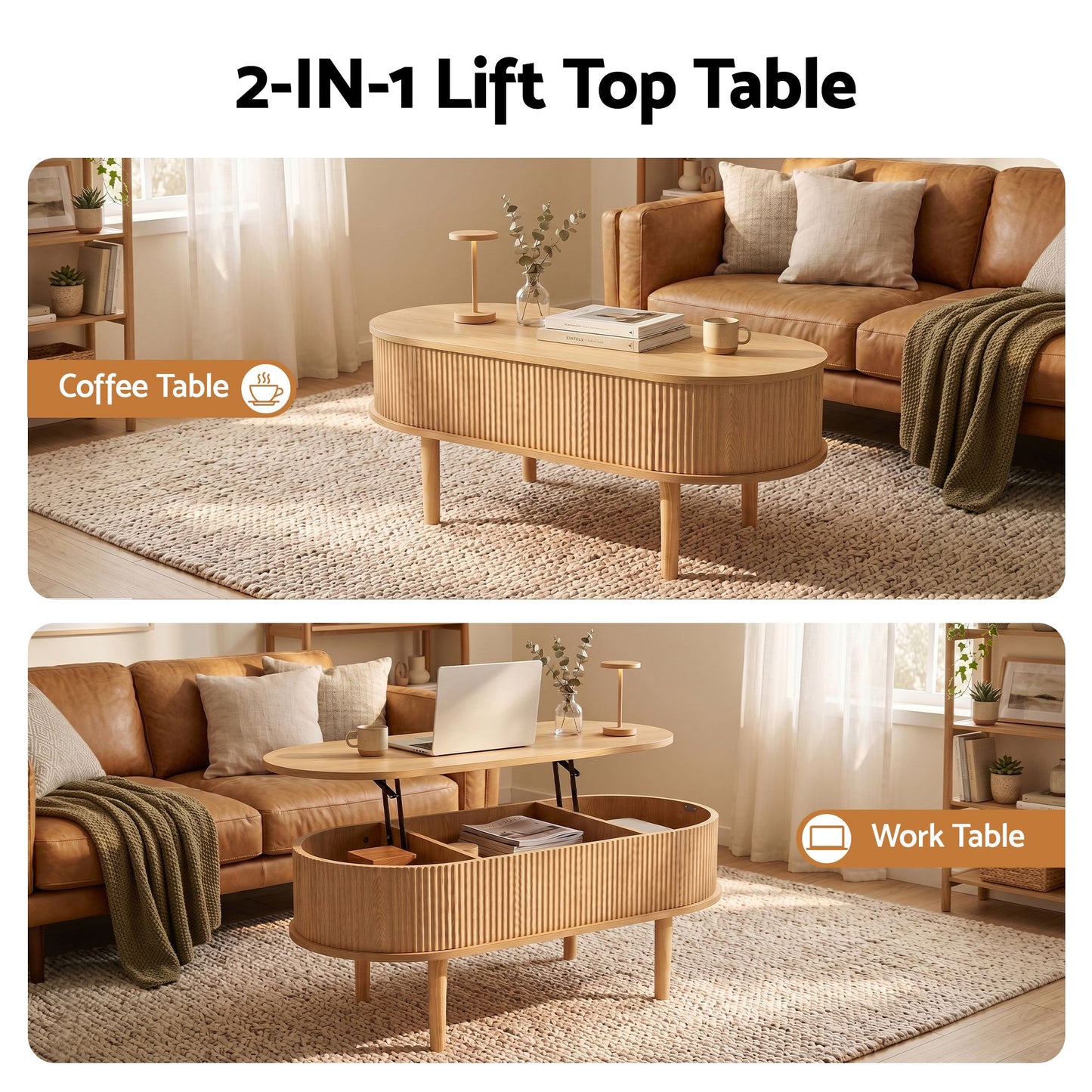 Artiss Lift-Top Fluted Oval Coffee Table with Storage - 100cm