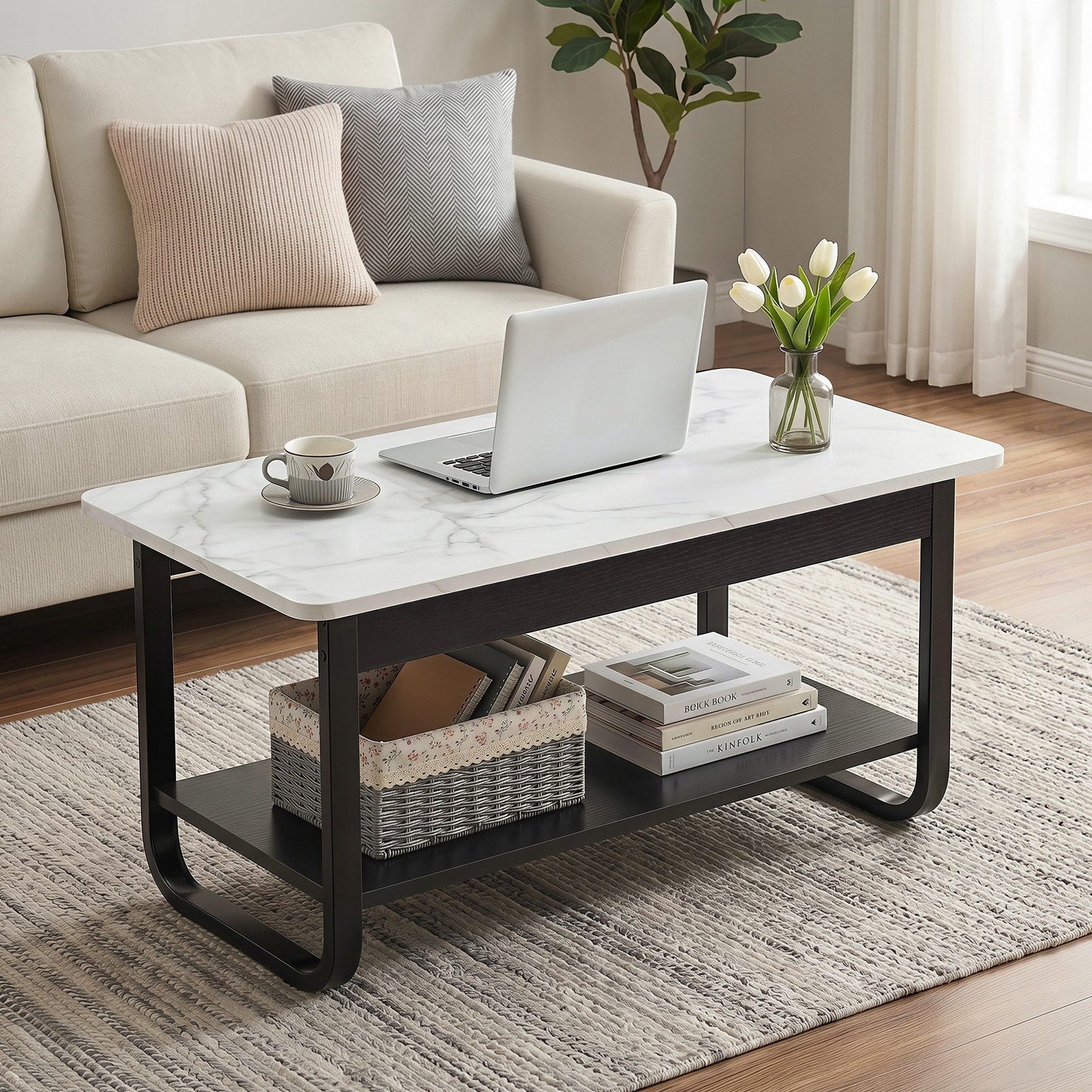 Artiss 2 Tier Marble Look Coffee Table - Black/White