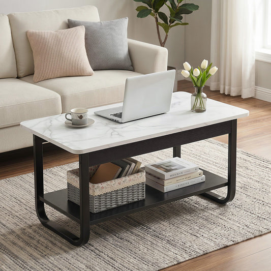 Artiss 2 Tier Marble Look Coffee Table - Black/White