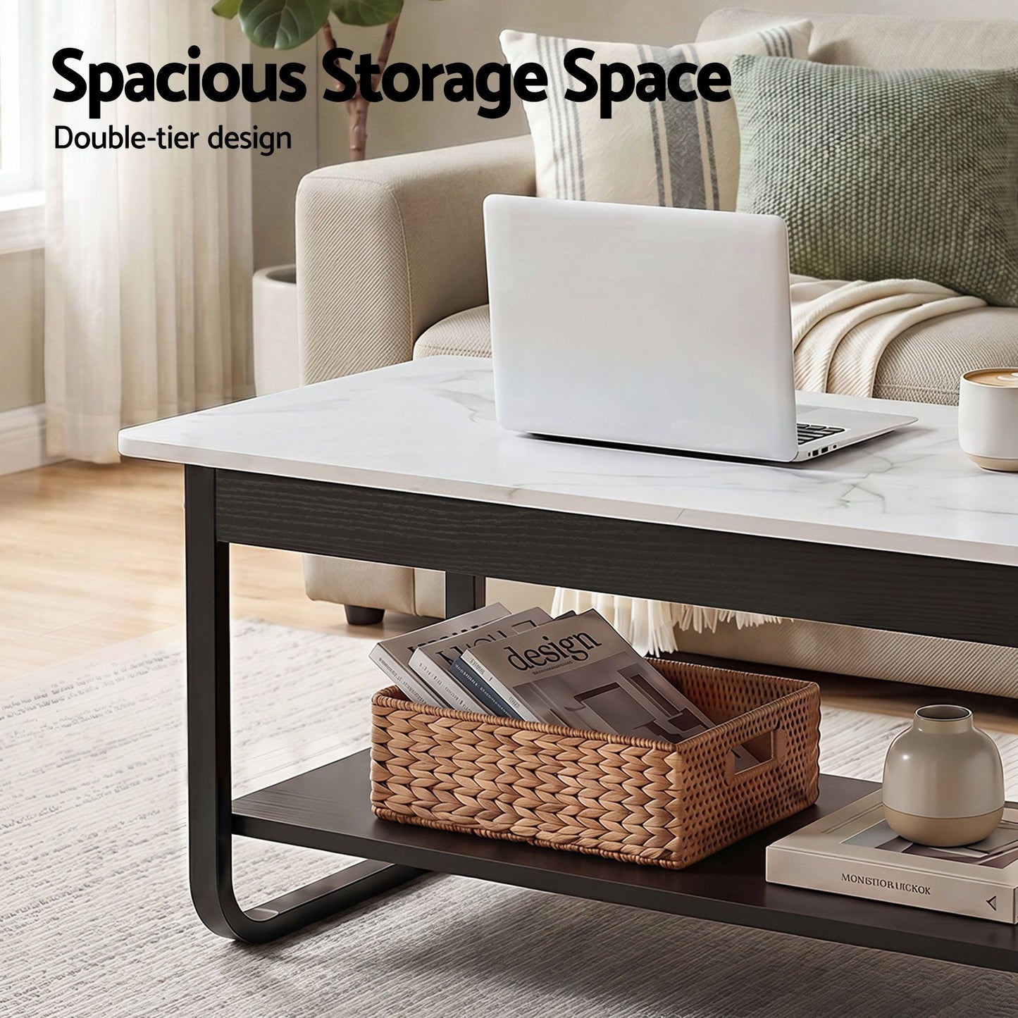 Artiss 2 Tier Marble Look Coffee Table - Black/White