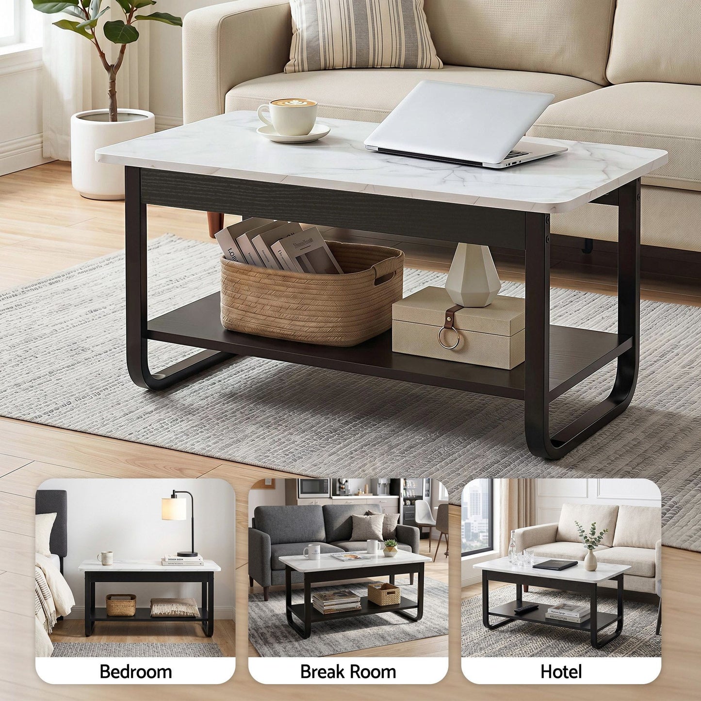 Artiss 2 Tier Marble Look Coffee Table - Black/White