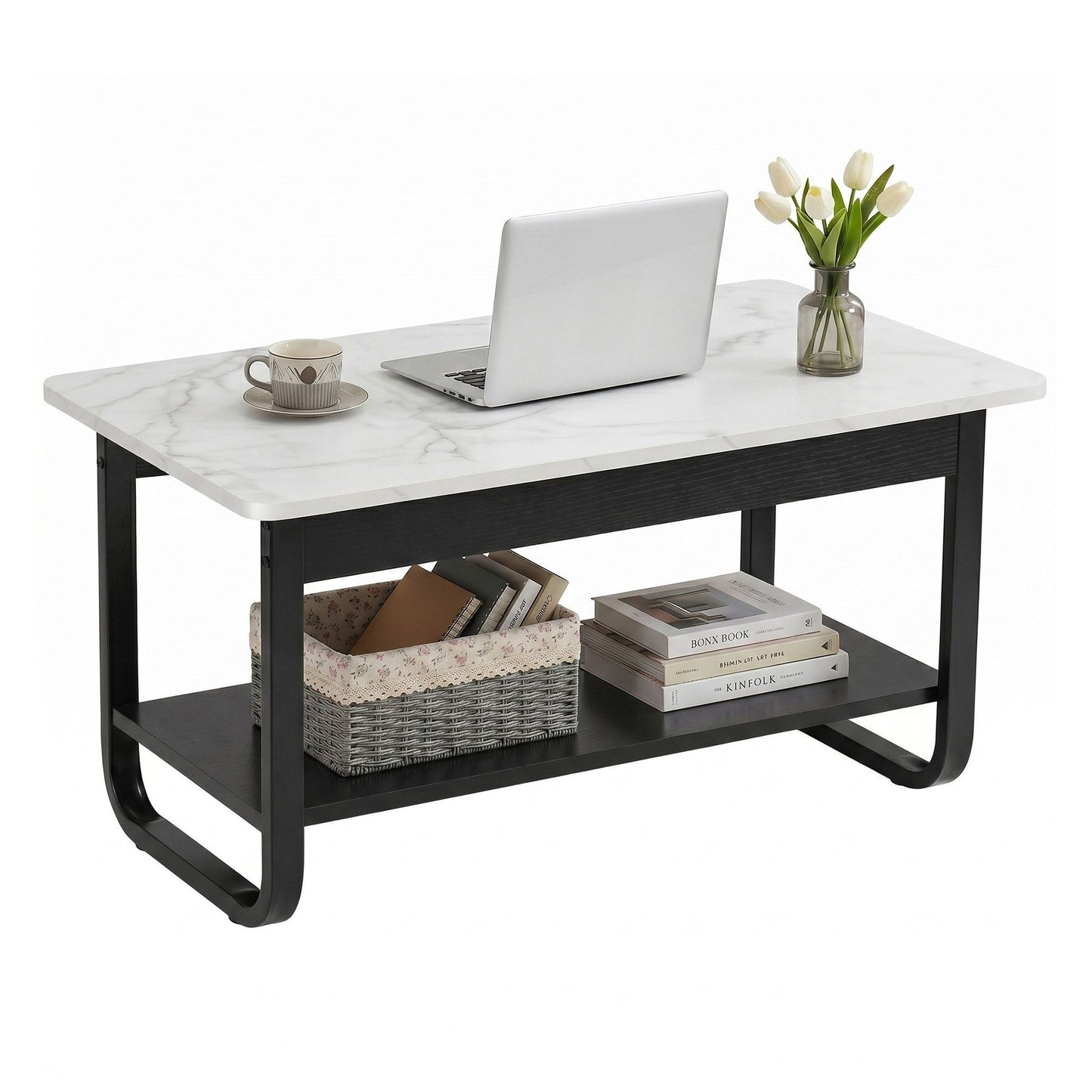 Artiss 2 Tier Marble Look Coffee Table - Black/White