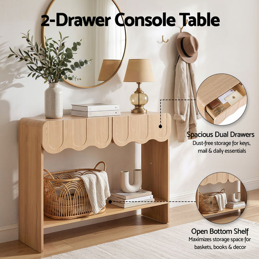 Artiss 2-Drawer Console Table, Scalloped Entryway Table with Safe Rounded Corners