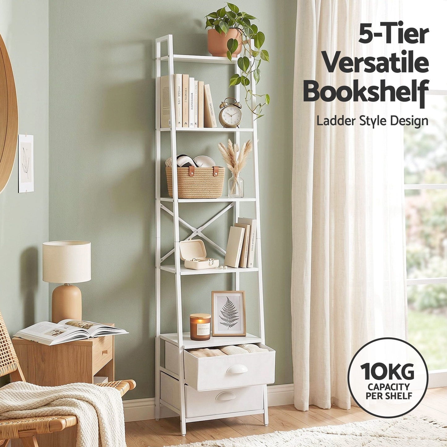 Artiss 5 Tier Bookshelf with Fabric Drawers - White
