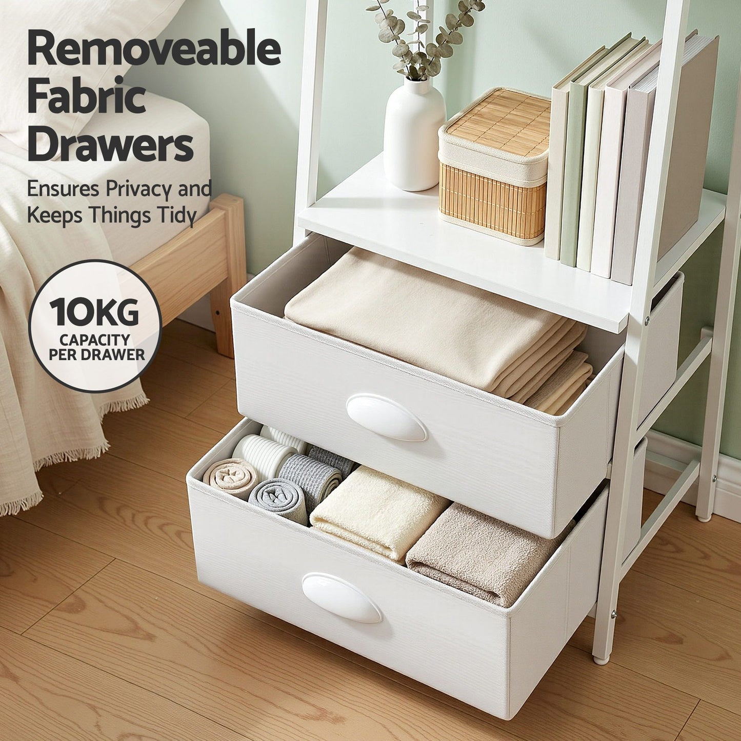 Artiss 5 Tier Bookshelf with Fabric Drawers - White
