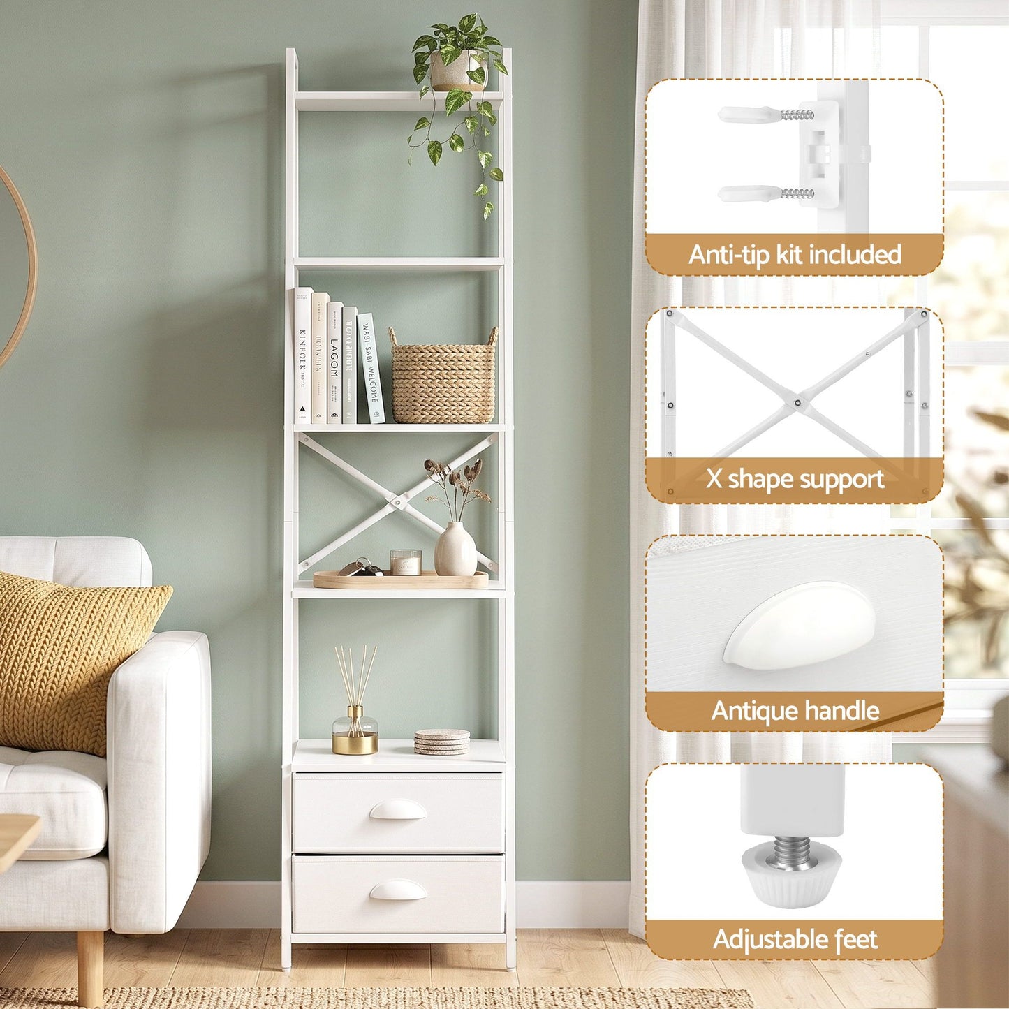 Artiss 5 Tier Bookshelf with Fabric Drawers - White