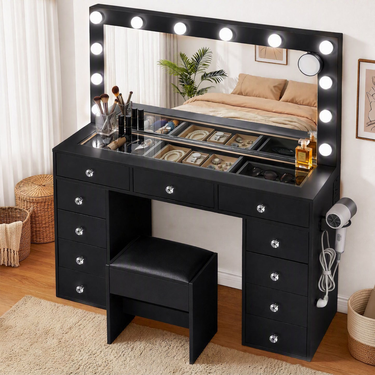 Artiss Dressing Table with LED Mirror & Stool - Black