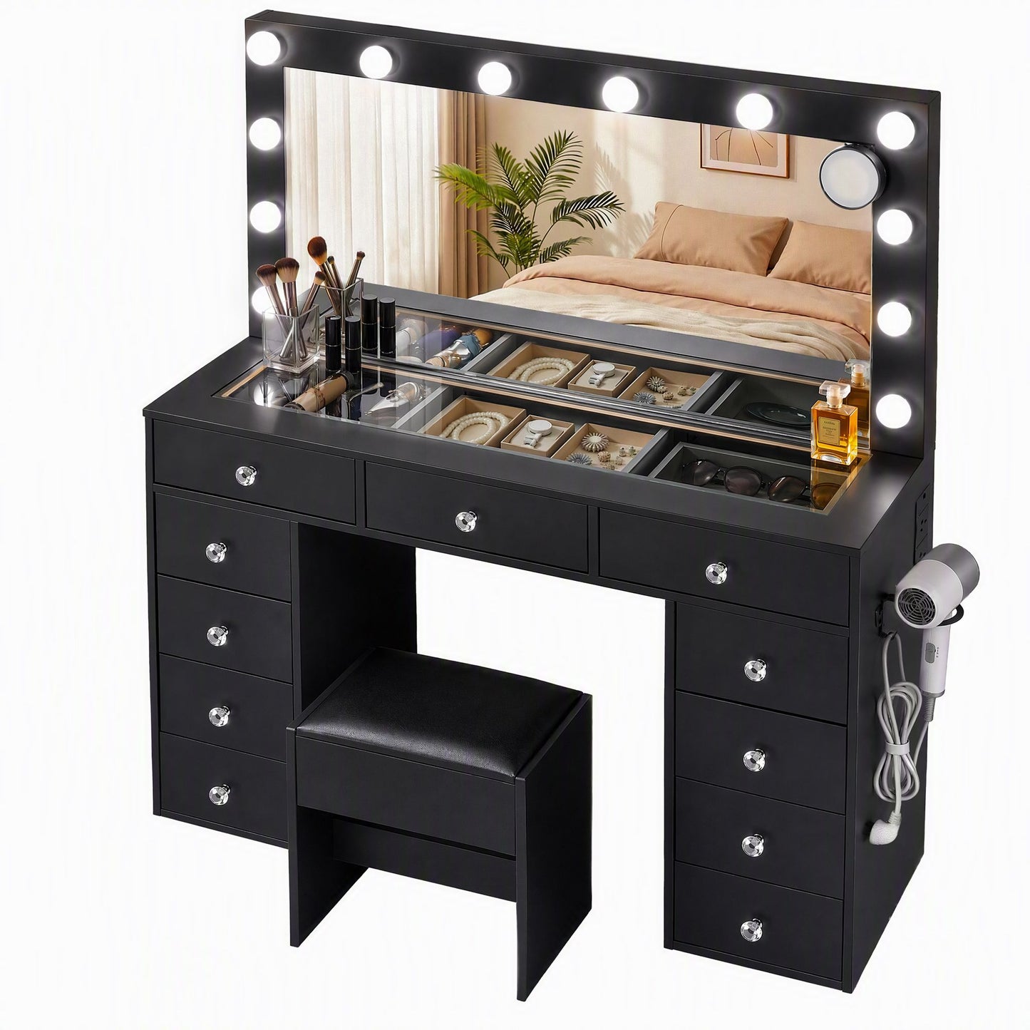 Artiss Dressing Table with LED Mirror & Stool - Black