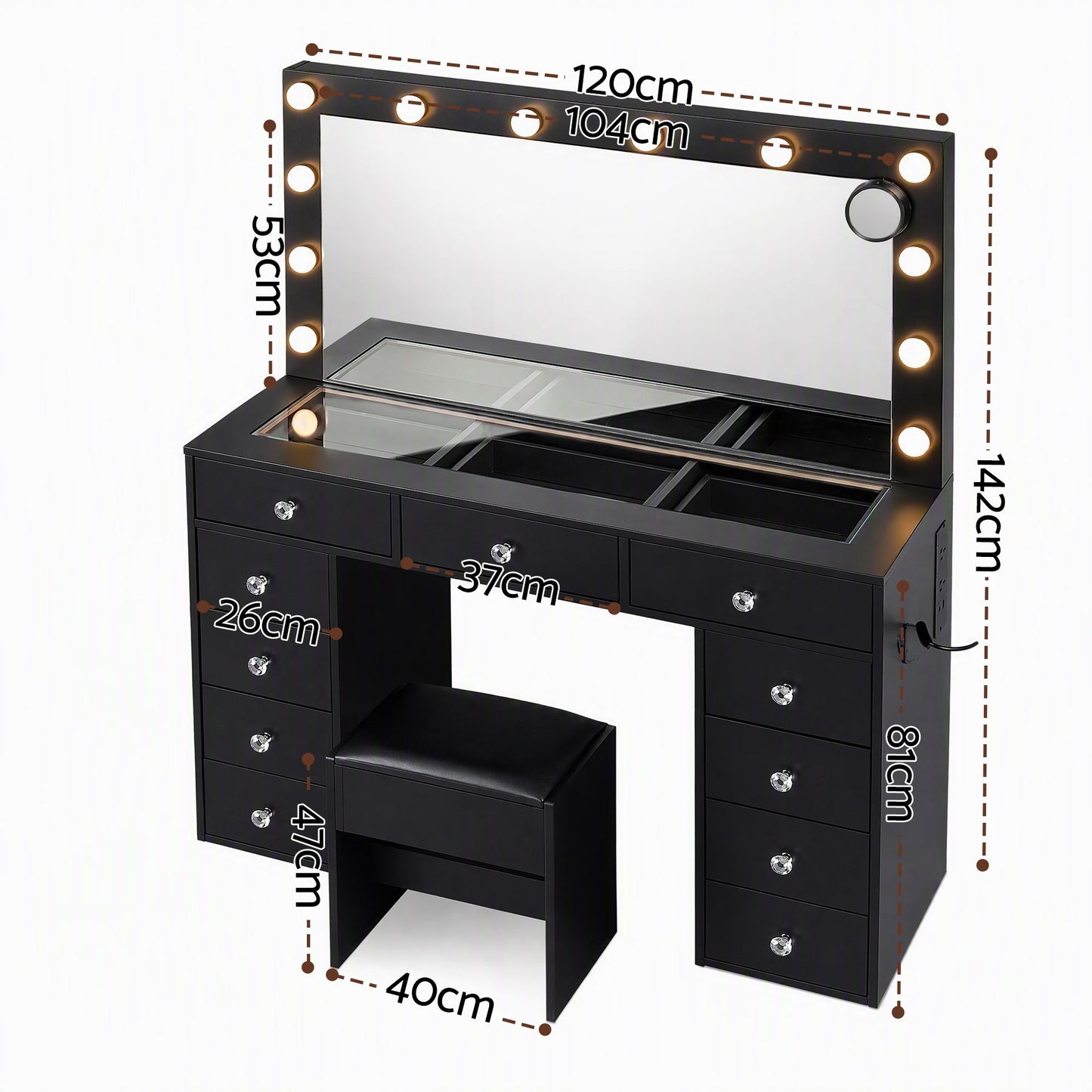 Artiss Dressing Table with LED Mirror & Stool - Black