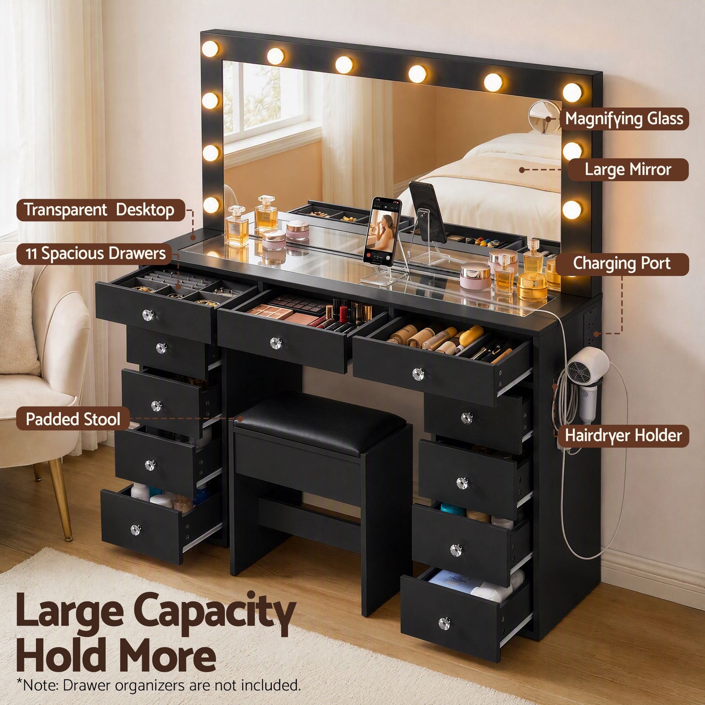 Artiss Dressing Table with LED Mirror & Stool - Black