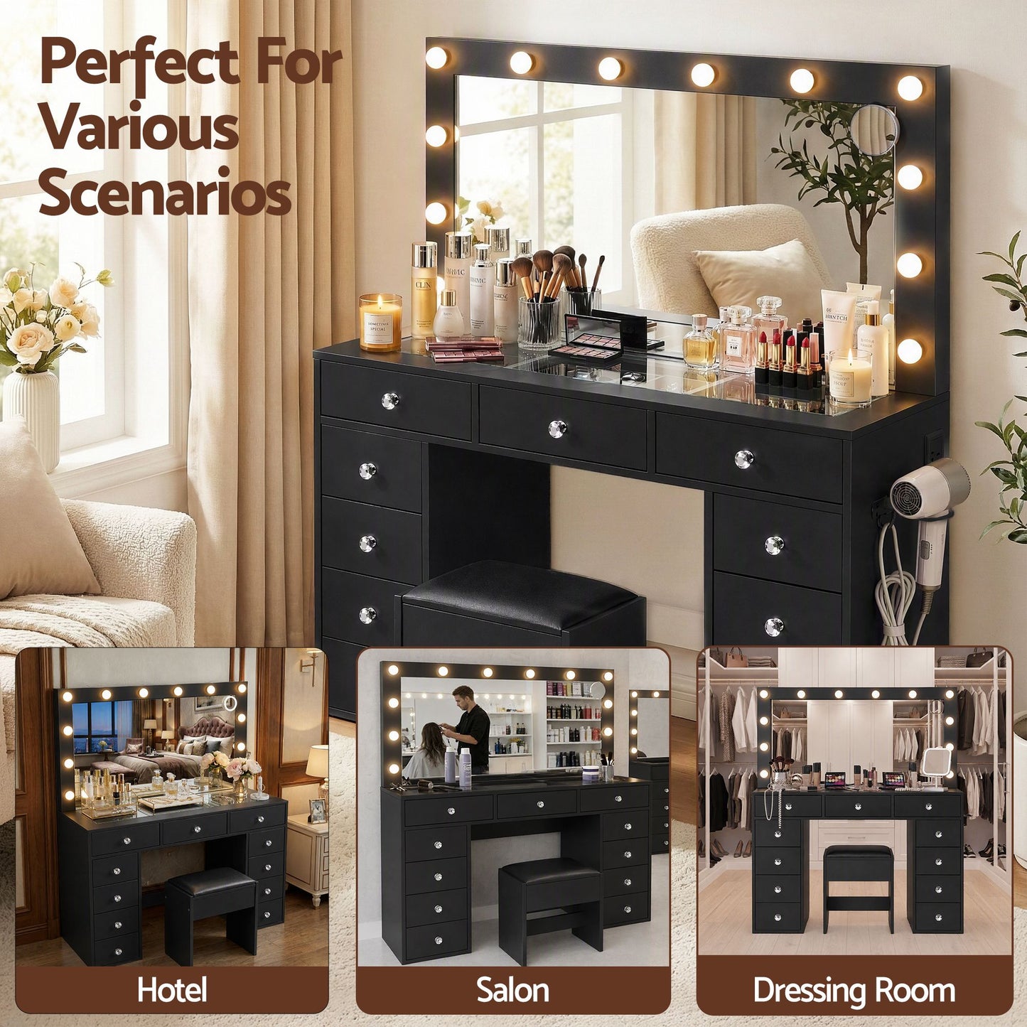 Artiss Dressing Table with LED Mirror & Stool - Black