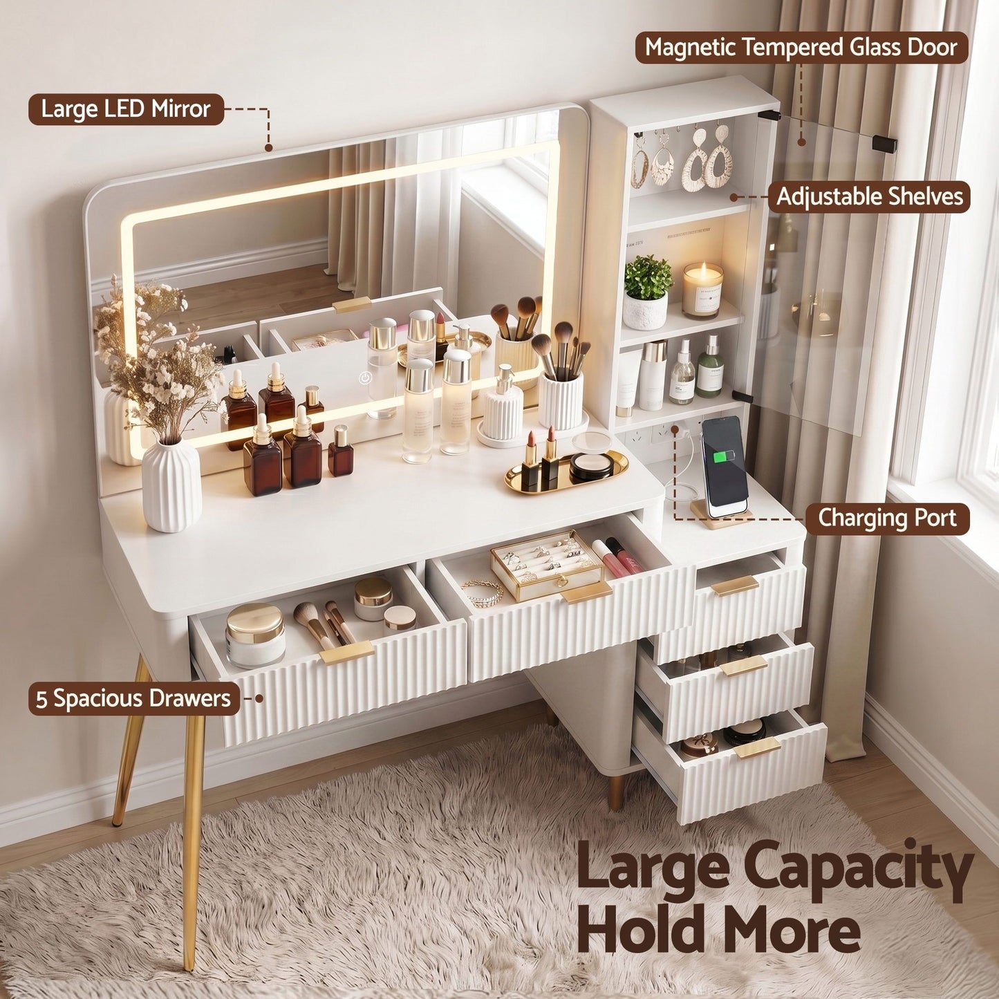 Artiss LED Dressing Table with Charging Station - White