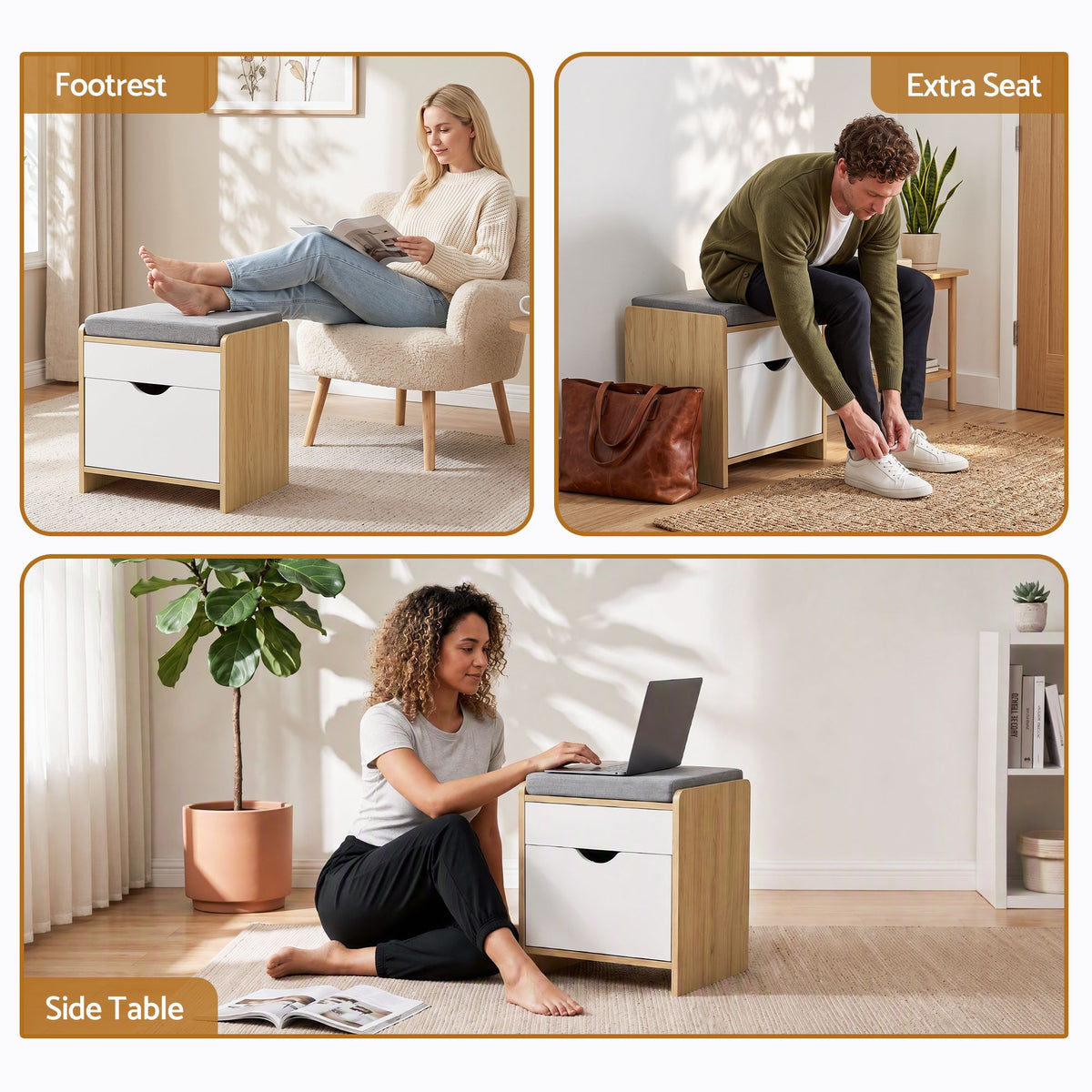 Artiss Storage Ottoman with Drawer 100kg Capacity Footrest Cushion Pine