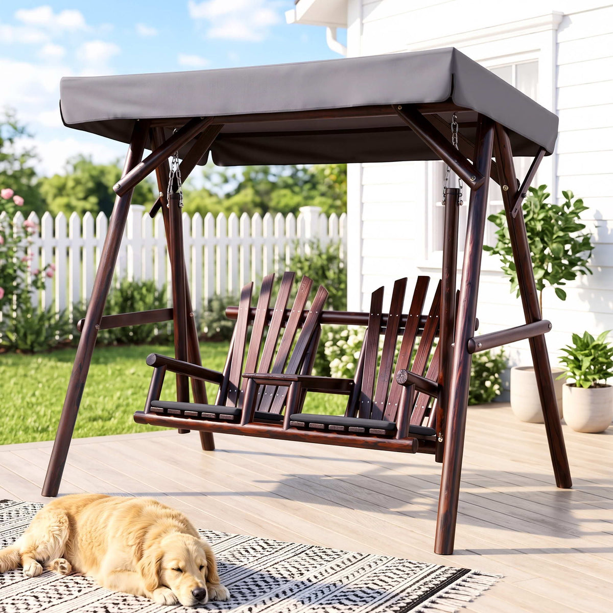 Gardeon Wooden Swing Chair with Canopy & Table - Charcoal