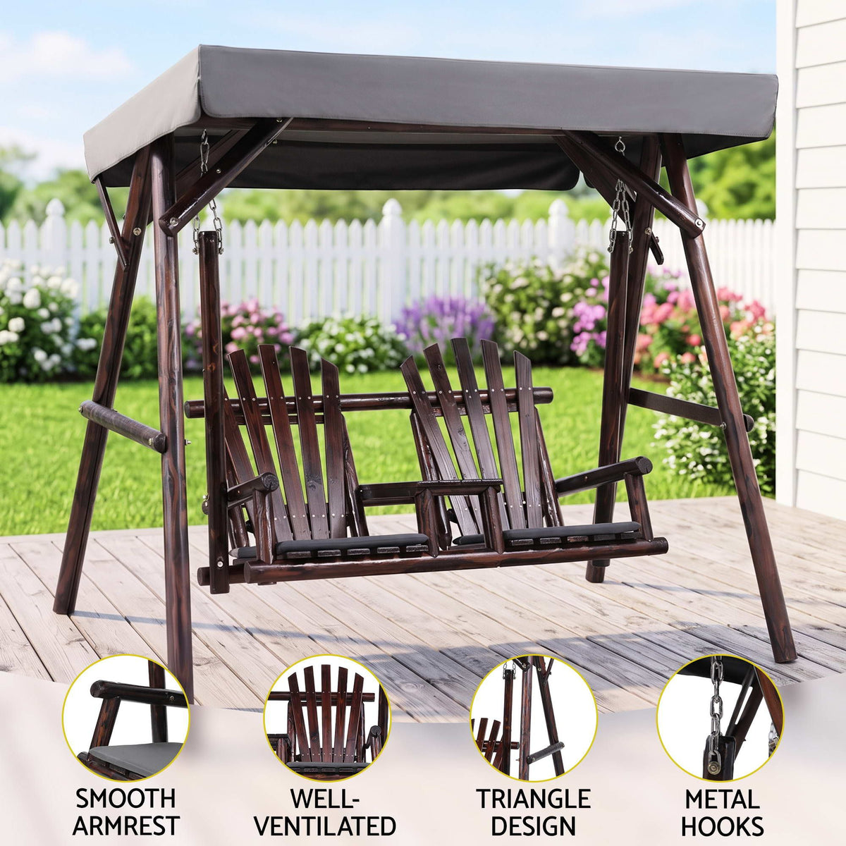Gardeon Wooden Swing Chair with Canopy & Table - Charcoal