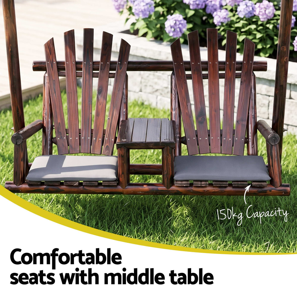 Gardeon Wooden Swing Chair with Canopy & Table - Charcoal