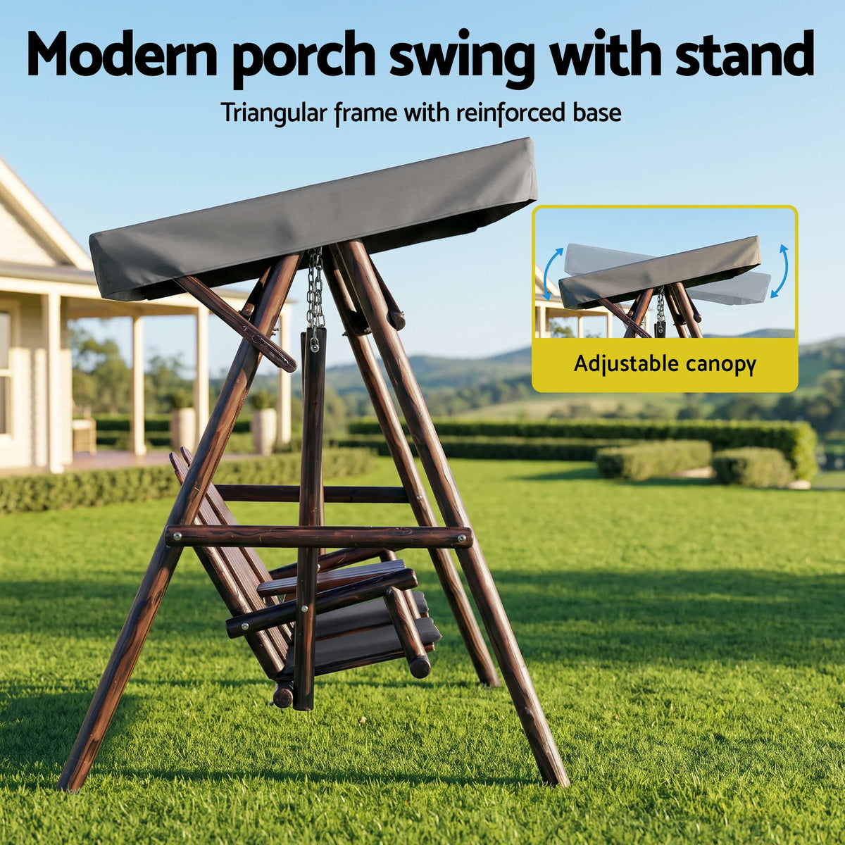 Gardeon Wooden Swing Chair with Canopy & Table - Charcoal