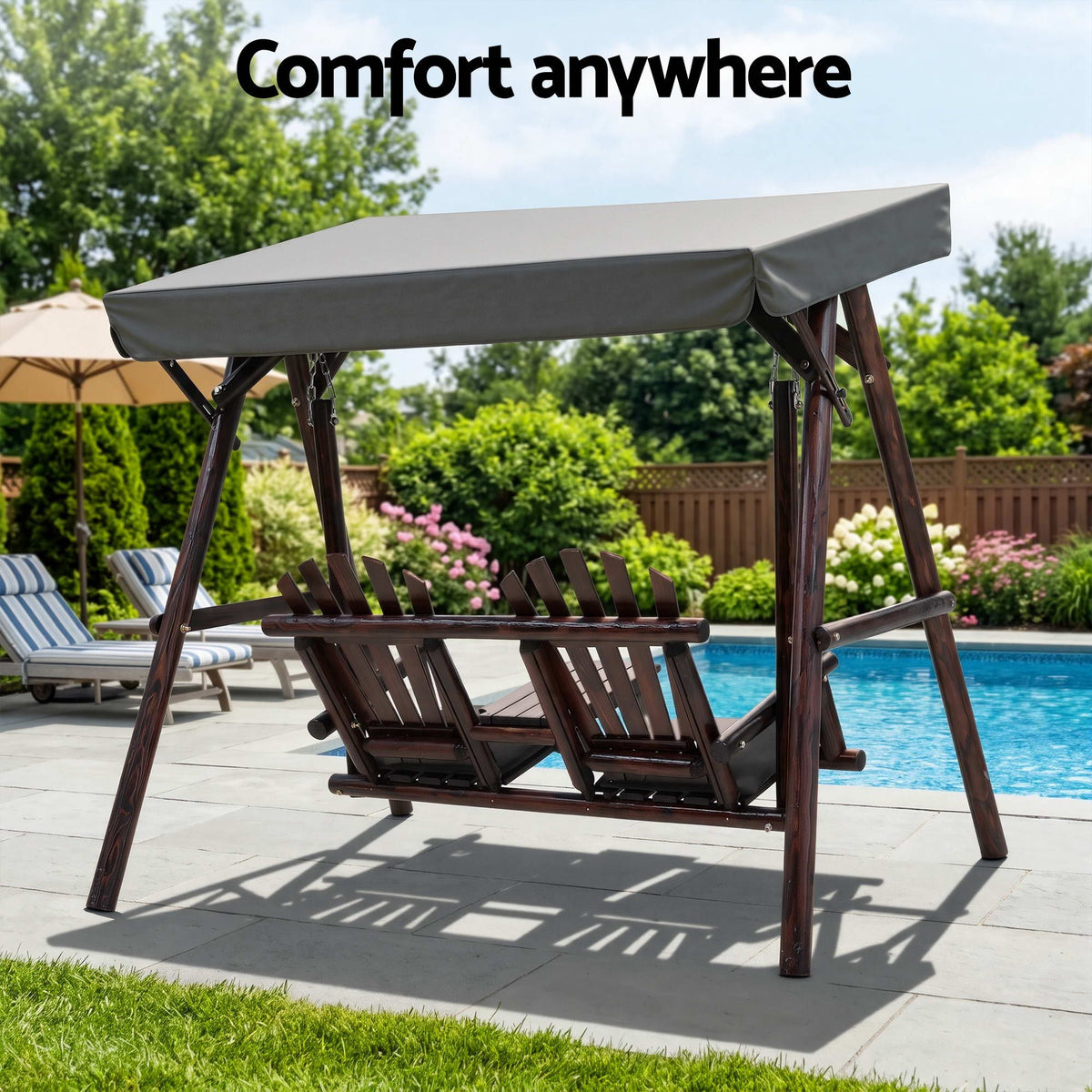 Gardeon Wooden Swing Chair with Canopy & Table - Charcoal