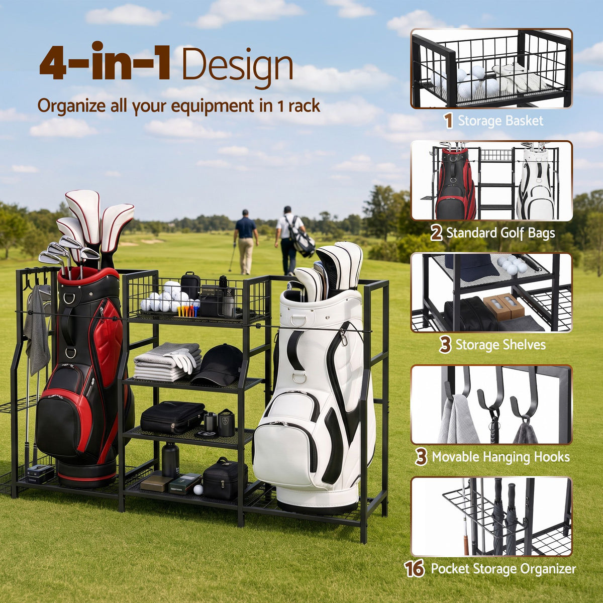 Everfit Golf Bag Storage Golfing Equipment Rack Holds 2 Bags 16 Clubs