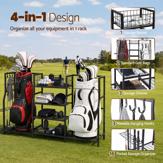 Everfit Golf Bag Storage Golfing Equipment Rack Holds 2 Bags 16 Clubs
