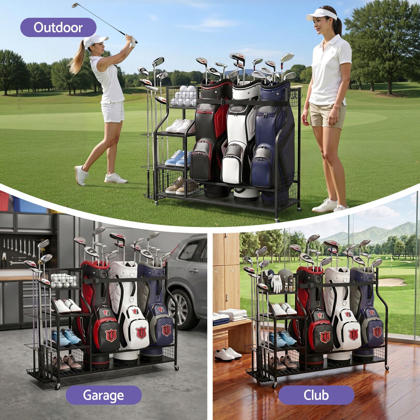 Everfit Golf Bag Storage Rack - Black