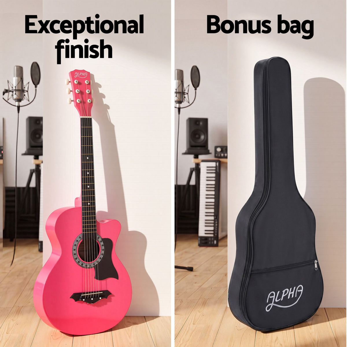 Alpha 38 Inch Acoustic Guitar Wooden Body Steel String Full Size w/ Stand Pink