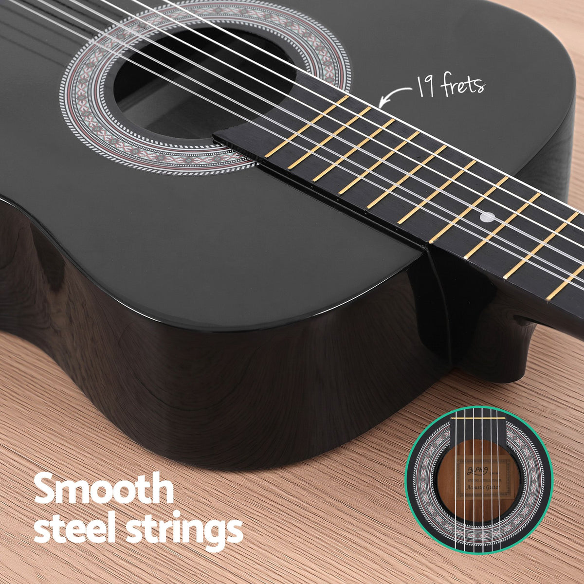 Alpha 38 Inch Classical Acoustic Guitar with Folding Stand Capo and String Set Black