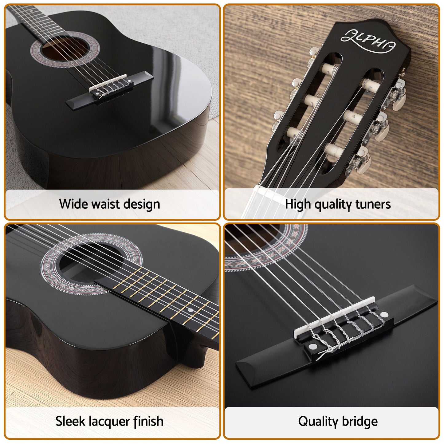 Alpha 38 Inch Classical Acoustic Guitar with Folding Stand Capo and String Set Black