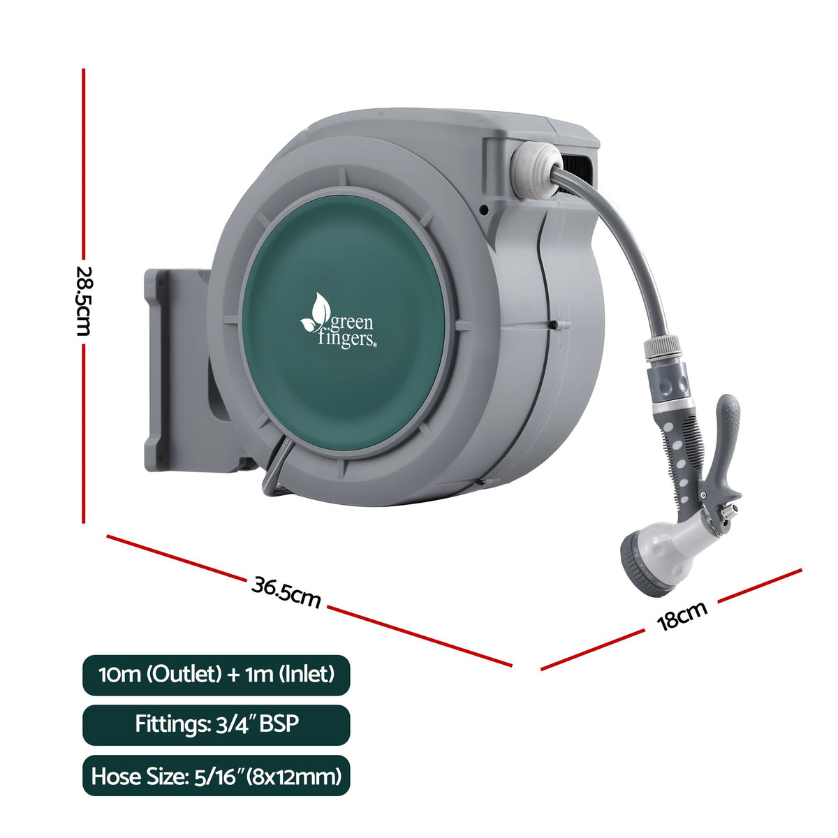 Green Fingers 20m Retractable Water Hose Reel, Wall Mounted Garden Hose 9-Pattern Nozzle