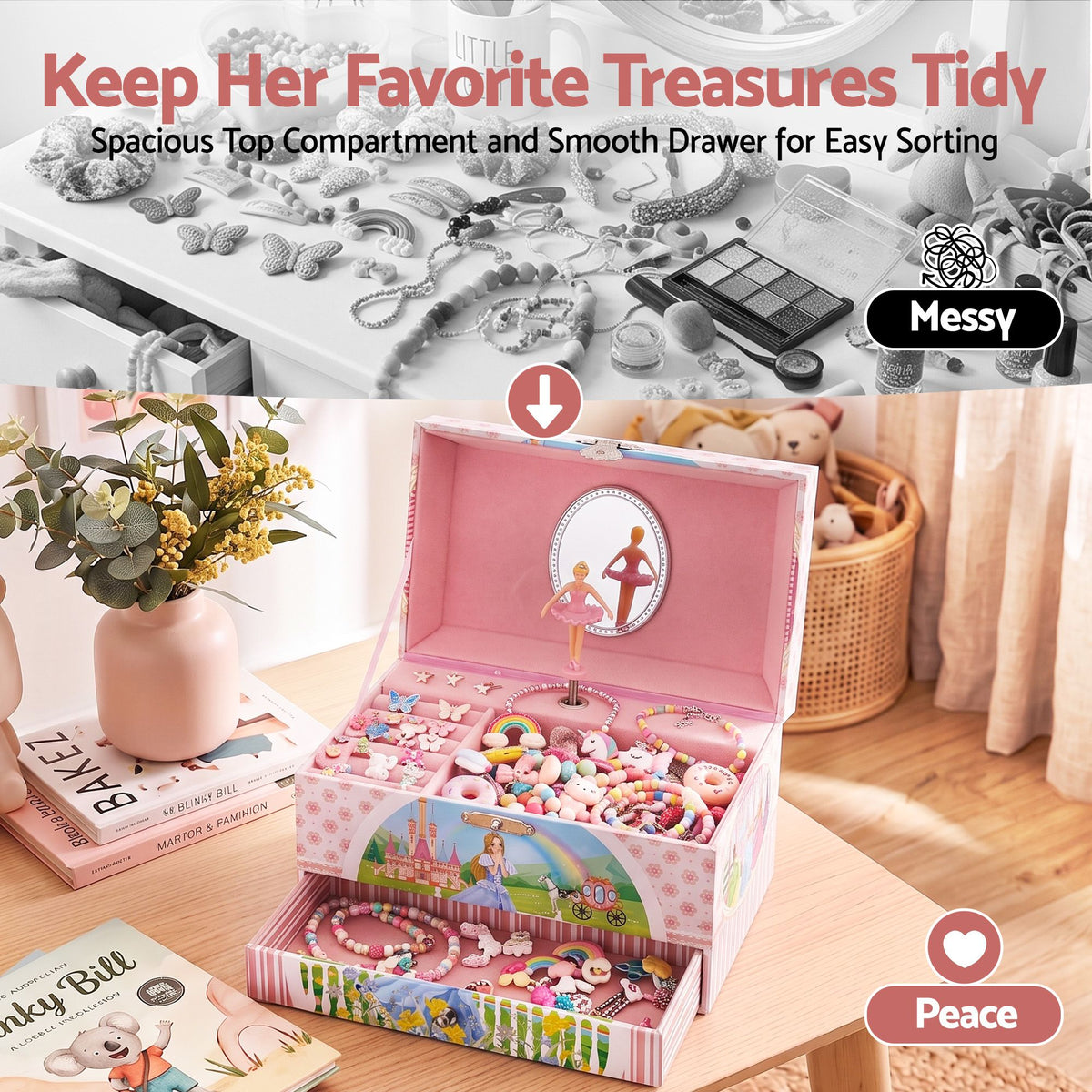 Keezi Kids Jewellery Box Organiser for Girls Kids Music Box with Drawer