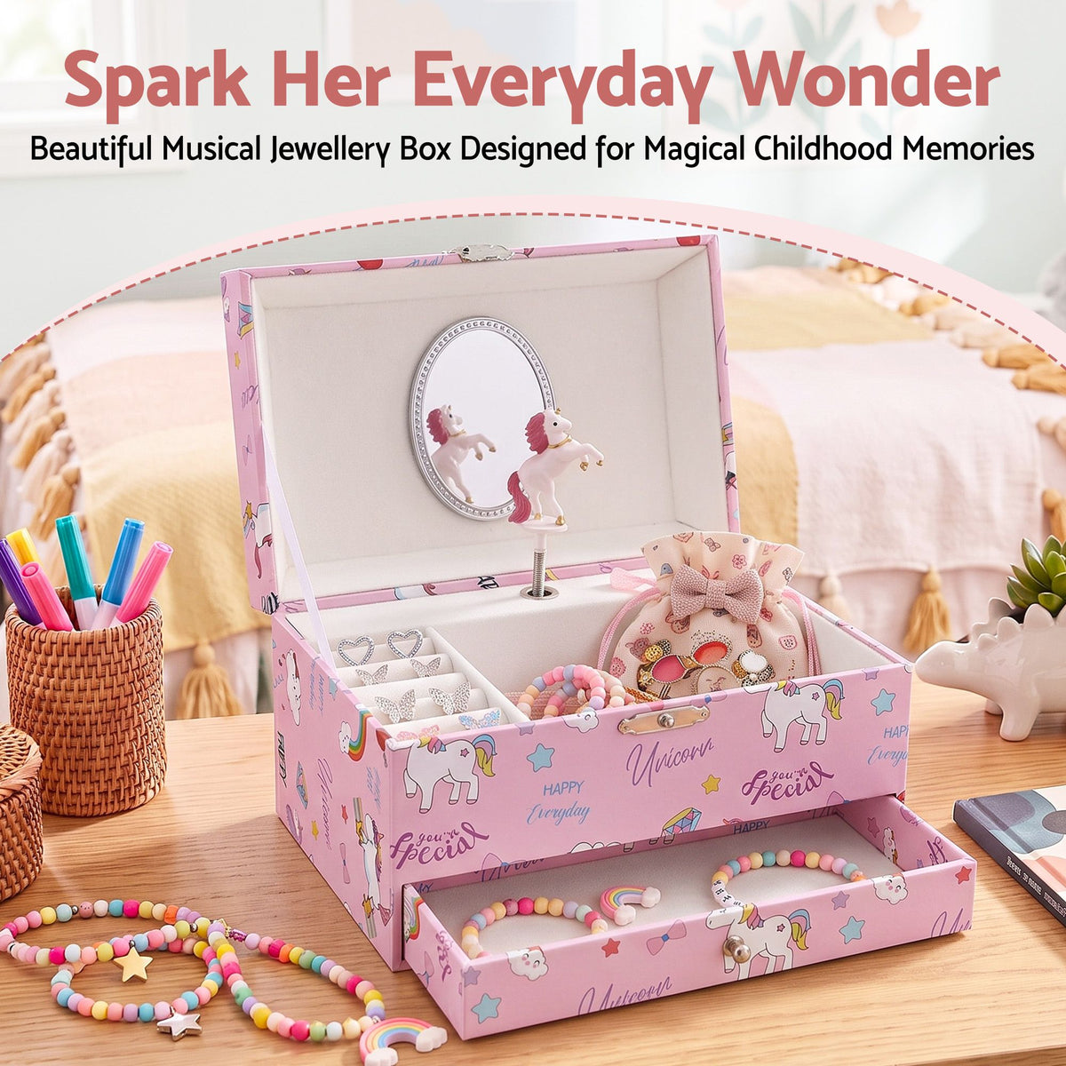 Keezi Kids Jewellery Box Organiser for Girls Kids Music Box with Mirror