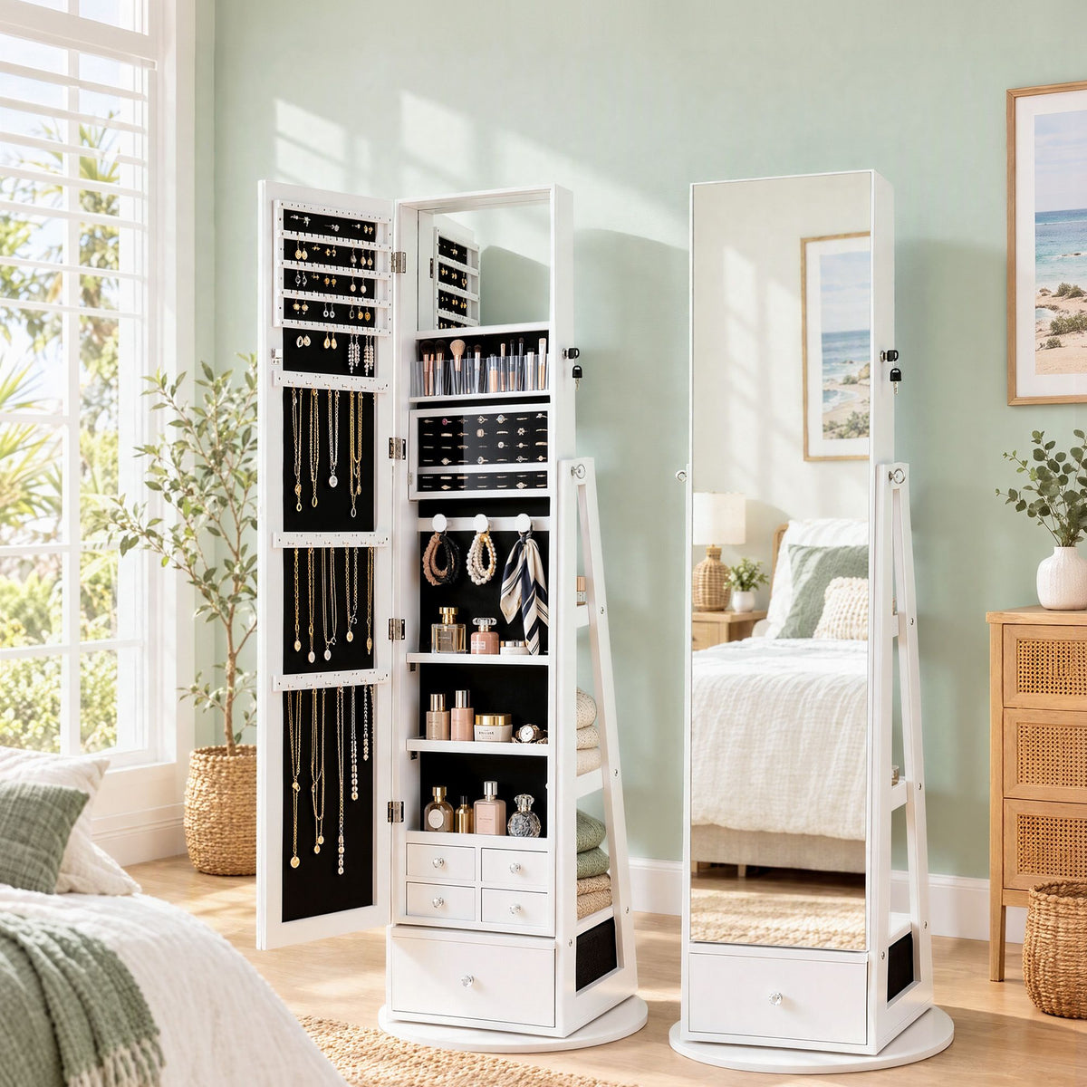 Artiss Rotating Jewellery Cabinet with Full-Length Mirror - White
