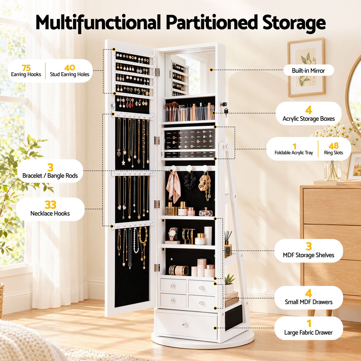 Artiss Rotating Jewellery Cabinet with Full-Length Mirror - White