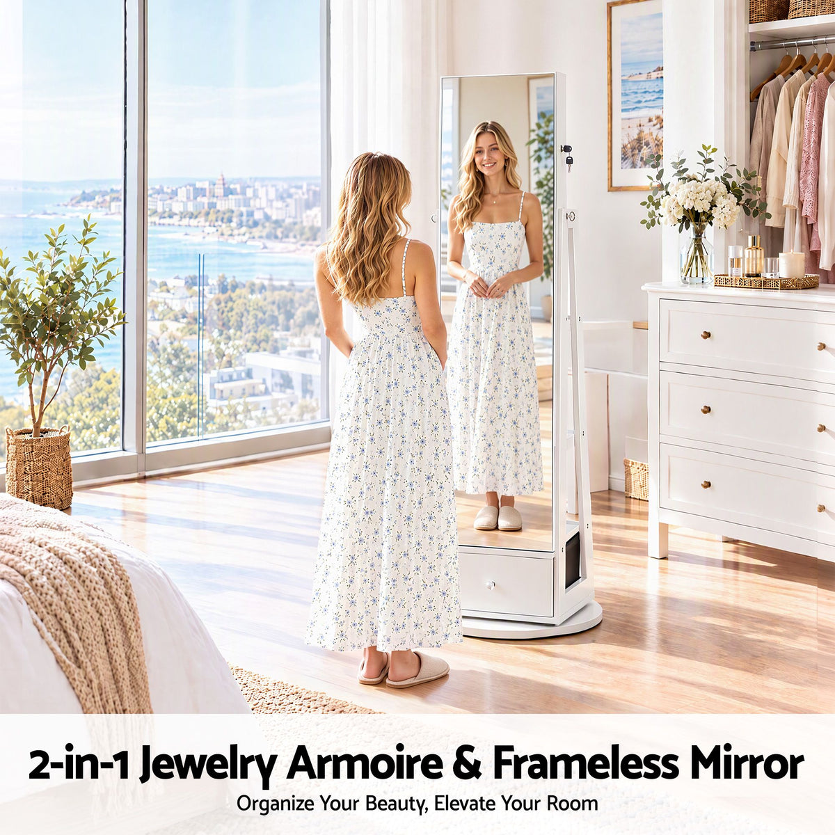 Artiss Rotating Jewellery Cabinet with Full-Length Mirror - White
