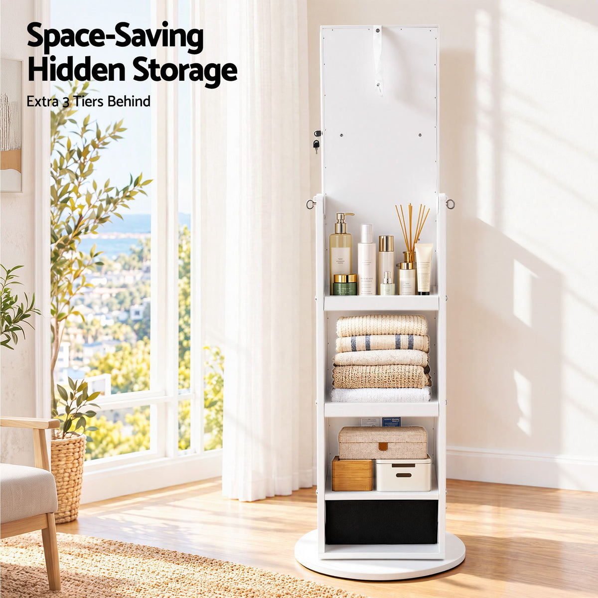 Artiss Rotating Jewellery Cabinet with Full-Length Mirror - White