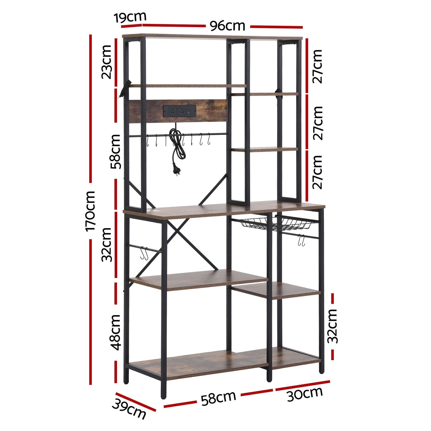 Artiss Kitchen Rack with Power Outlets - 96cm