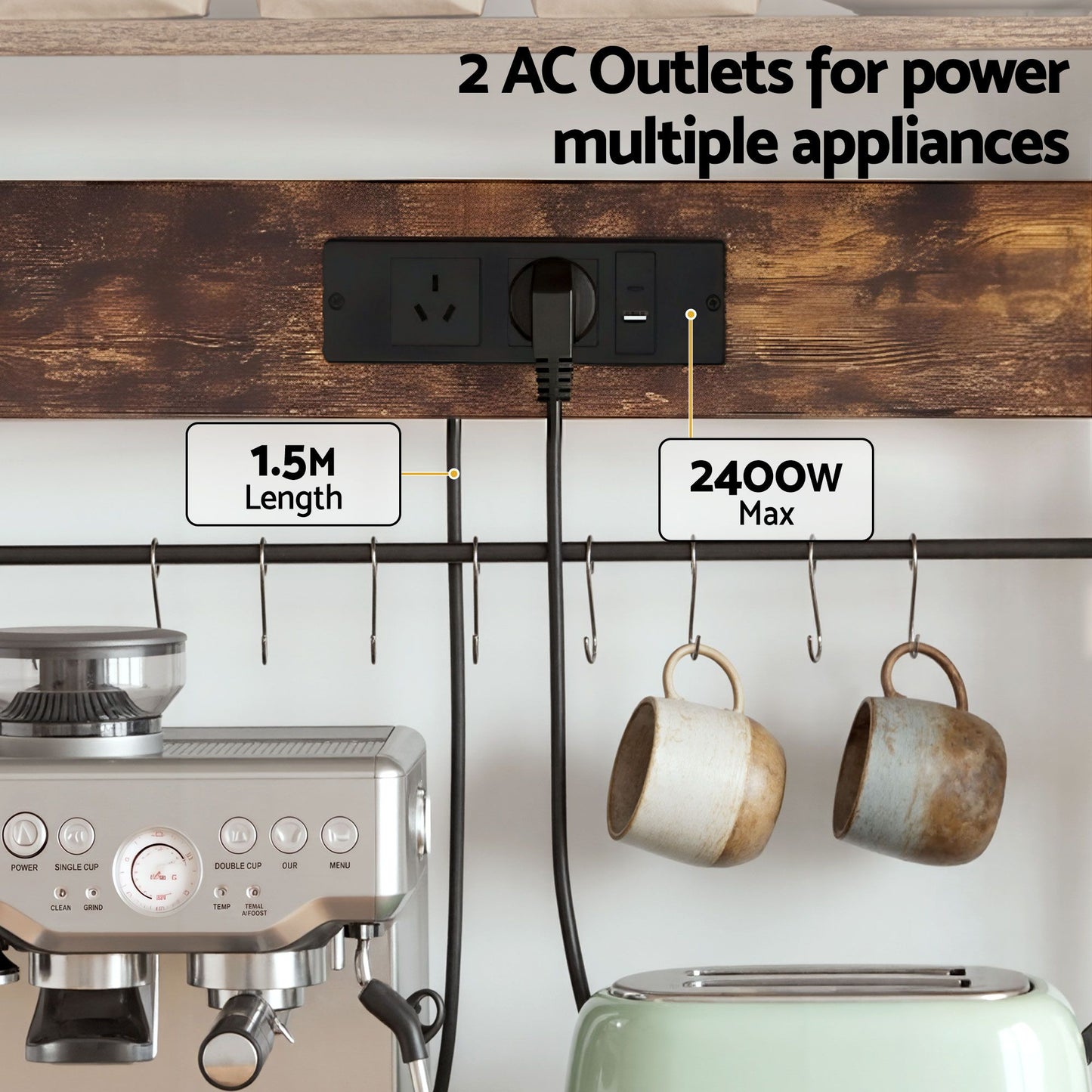 Artiss Kitchen Rack with Power Outlets - 96cm