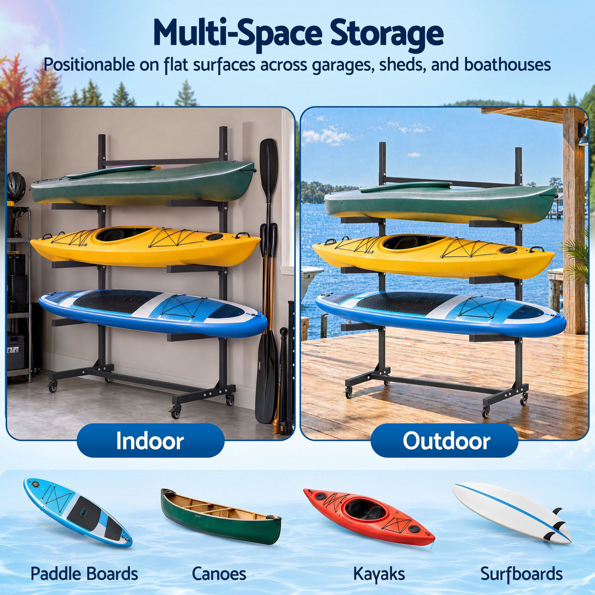 Weisshorn Kayak Storage Rack 3-Tier Canoe SUP Paddleboard Garage 80kg Casters