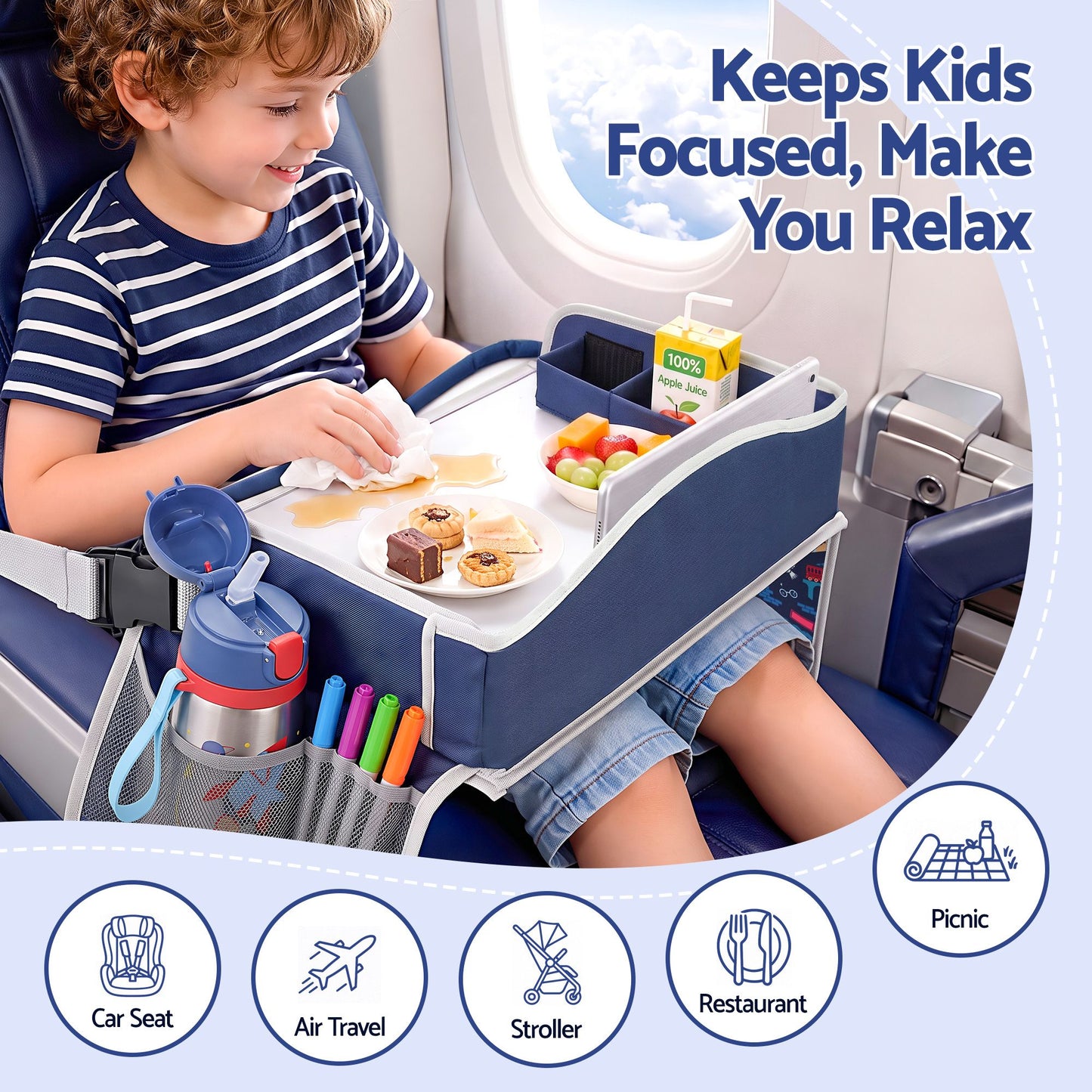 Keezi Kids Travel Tray Car Seat Lap Desk Portable Car Desk Organiser for Car & Airplane Blue