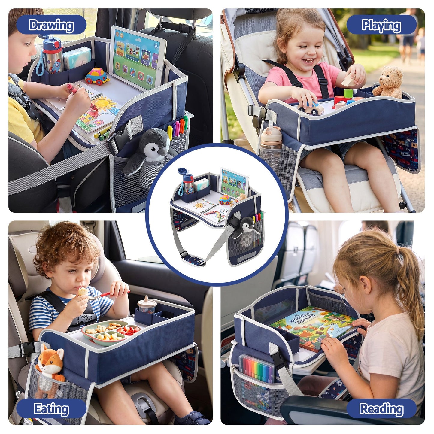 Keezi Kids Travel Tray Car Seat Lap Desk Portable Car Desk Organiser for Car & Airplane Blue