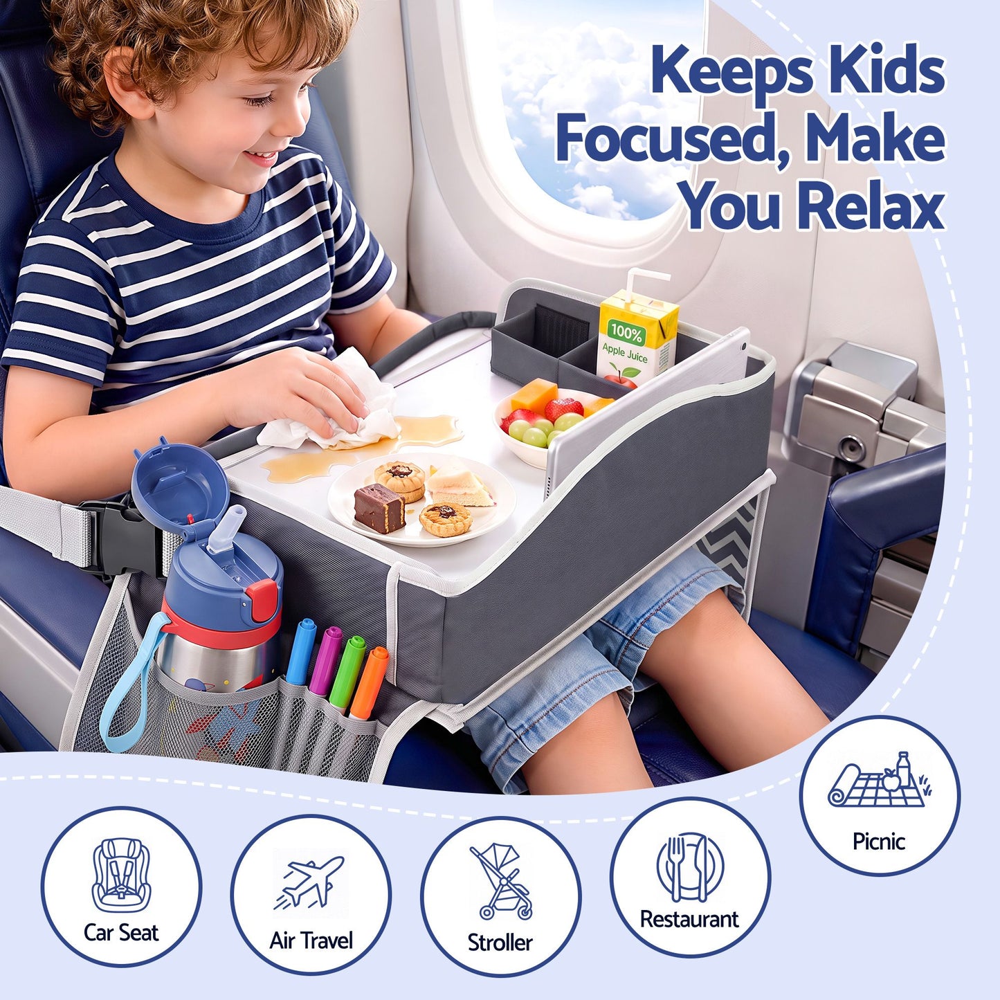 Keezi Kids Travel Tray Car Seat Lap Desk Portable Car Desk Organiser for Car & Airplane Grey