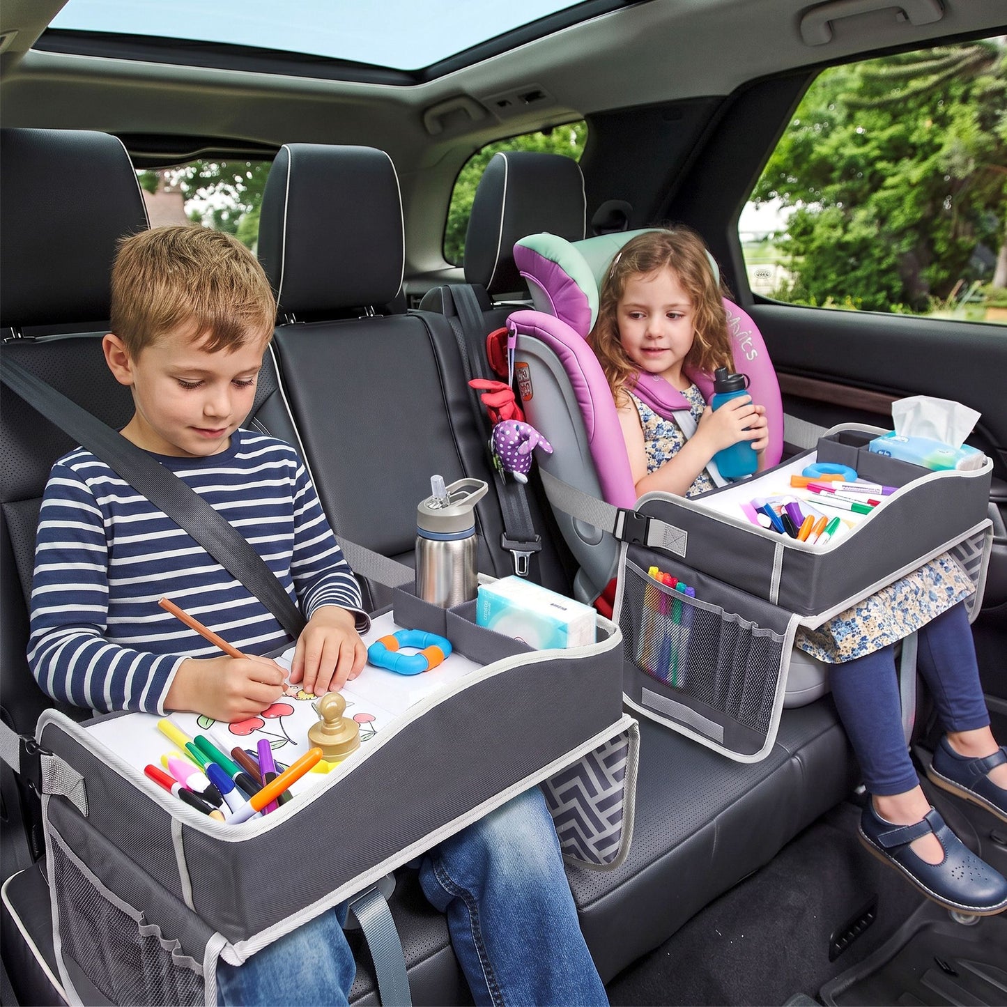 Keezi Kids Travel Tray Car Seat Lap Desk Portable Car Desk Organiser for Car & Airplane Grey