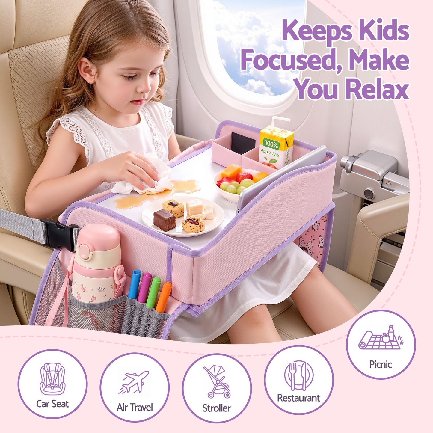 Keezi Kids Travel Tray Car Seat Lap Desk Portable Car Desk Organiser for Car & Airplane Pink