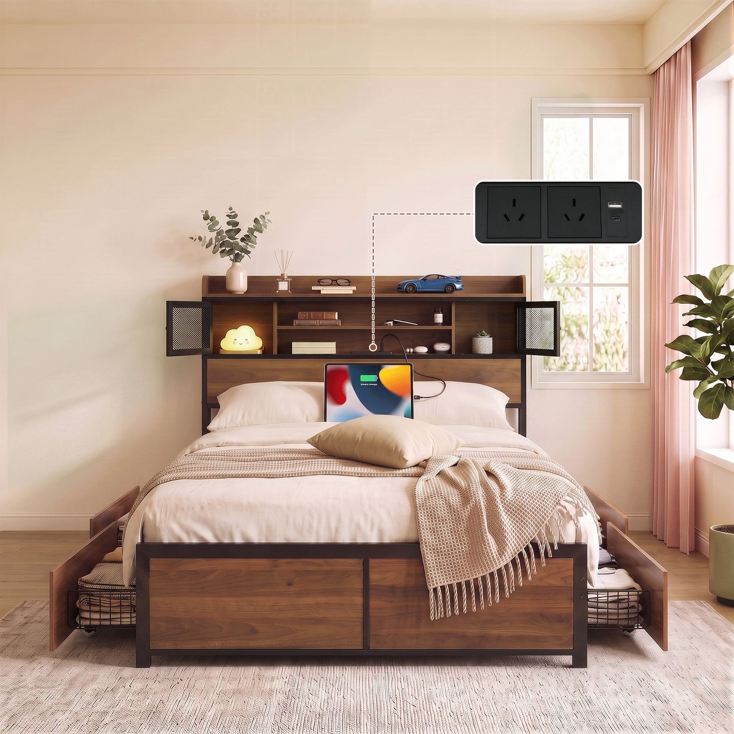 Artiss Double Bed Frame with Charging Station 4 Drawers Storage Oak