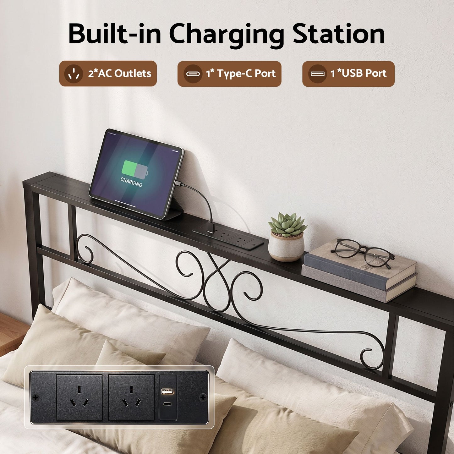 Artiss Double Bed Frame with Charging Station & Storage Drawers Metal