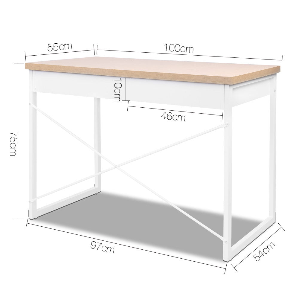 Artiss 100cm Computer Desk with Drawers - Oak & White
