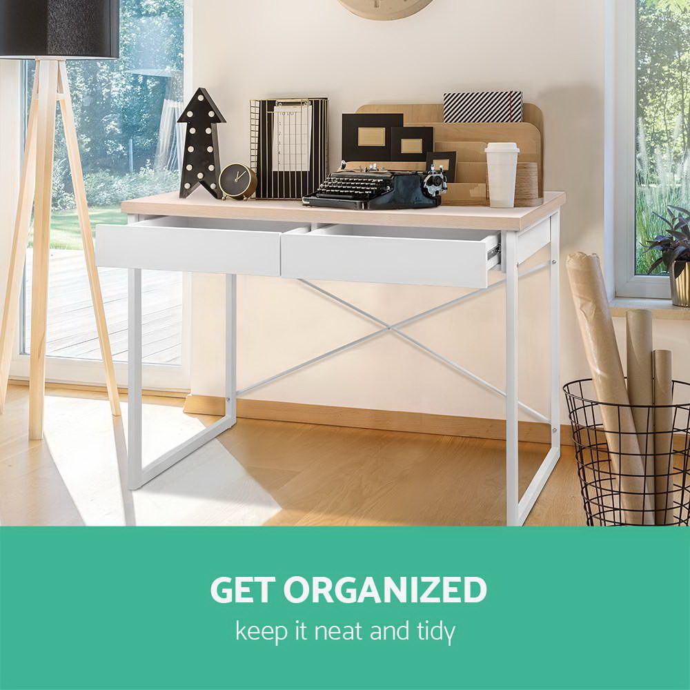 Artiss 100cm Computer Desk with Drawers - Oak & White