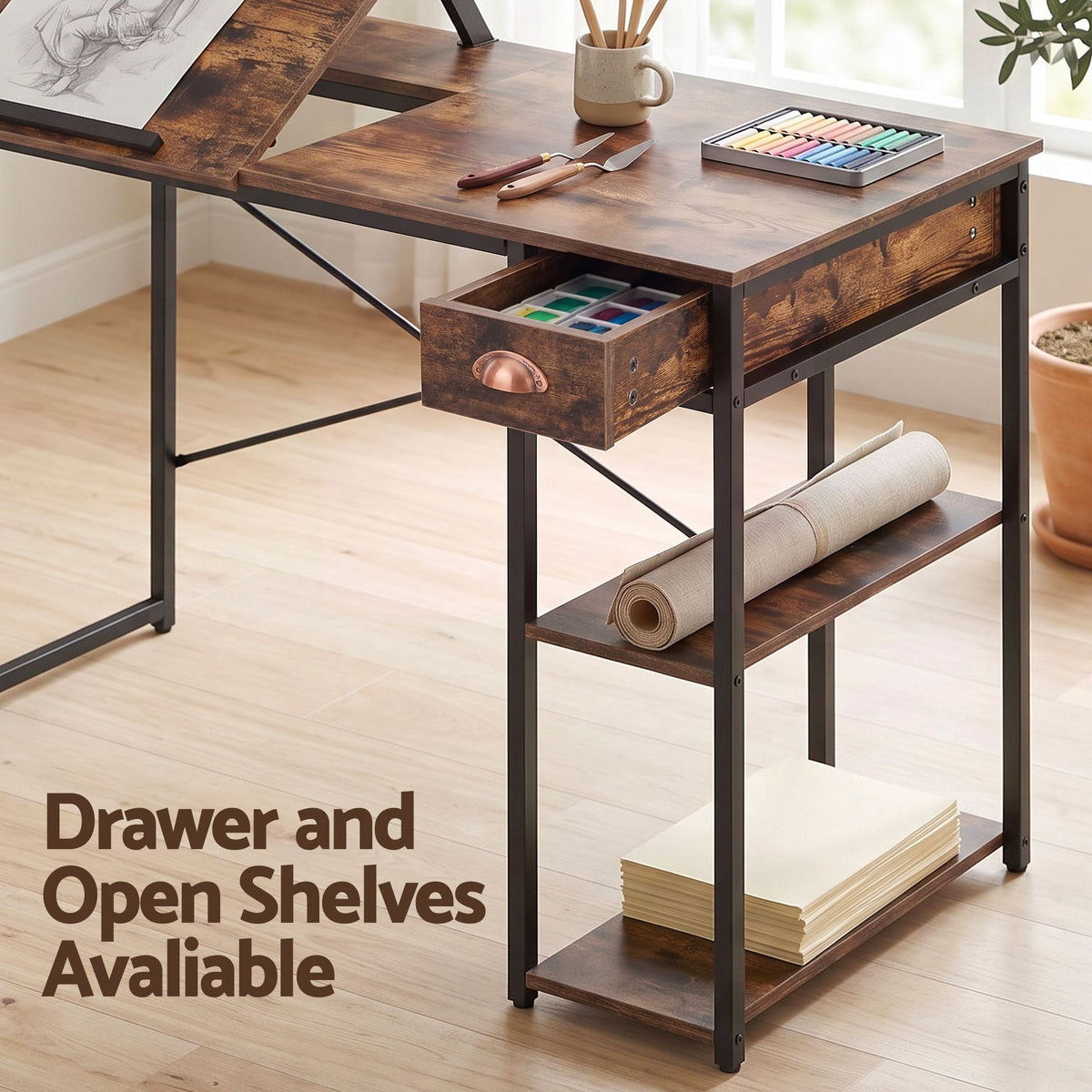 Artiss Computer Desk Drafting Drawing Table Tiltable Top Rustic Brown 108cm
