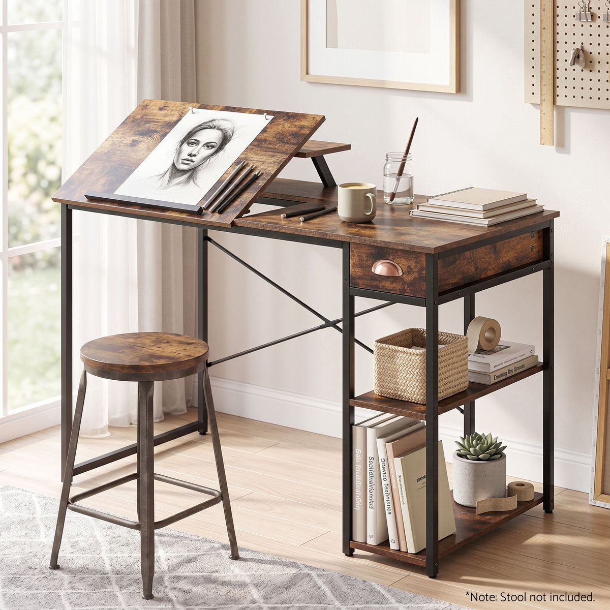 Artiss Computer Desk Drafting Drawing Table Tiltable Top Rustic Brown 108cm